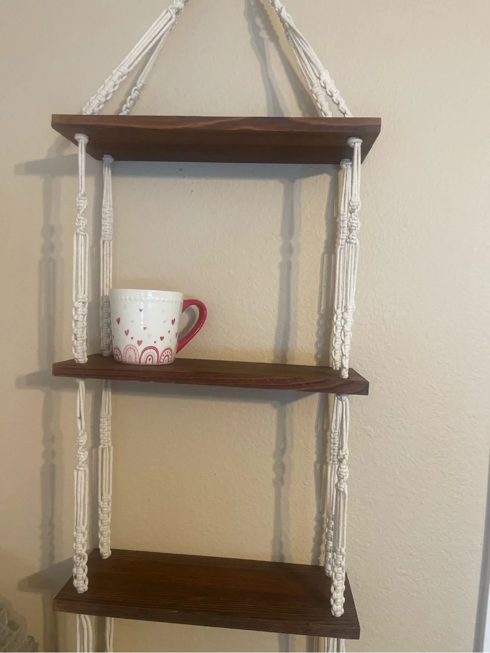 Boho White Macramé Hanging Wall Shelf with Dark Wood Panels